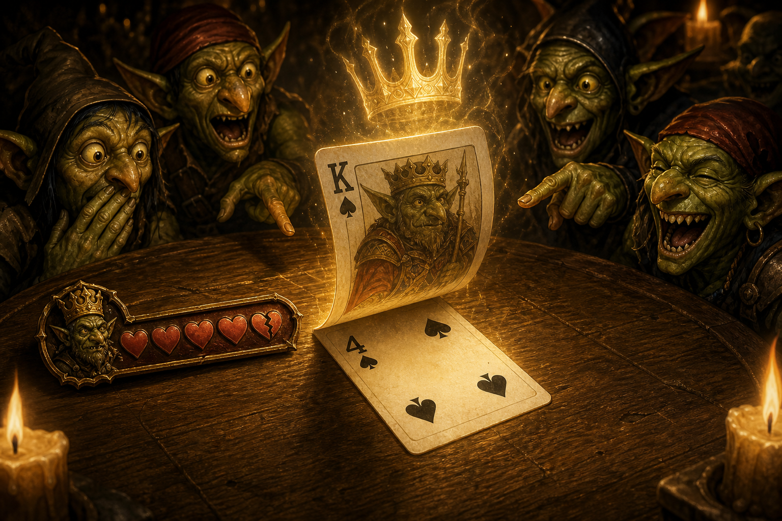 A King claim flipping to reveal a Four while goblins react