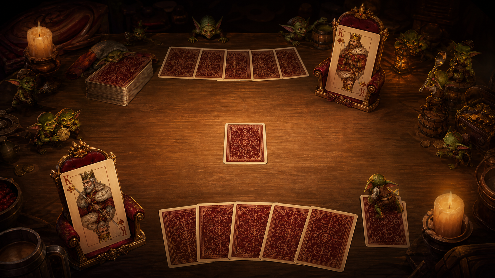 A candlelit Goblin Bluff table surrounded by tiny goblins